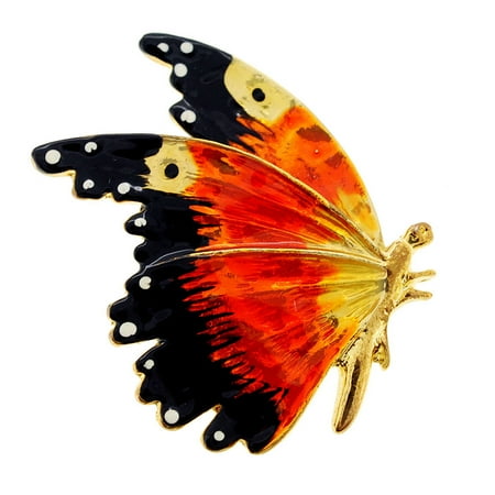 Enameled Butterfly Pin - Orange Enamel Flying Butterfly Pin Brooch