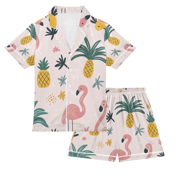 FORMRS Niños Short Sleeve Top and Pants Pajama Set Unisex Satin 2-Piece Sleepwear, Sizes 5-6Y, Flamingo Pattern