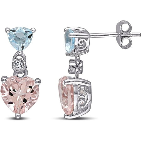 Tangelo 4-1/2 Carat T.G.W. Morganite and Blue Topaz with Diamond-Accent Sterling Silver Heart Dangle Earrings