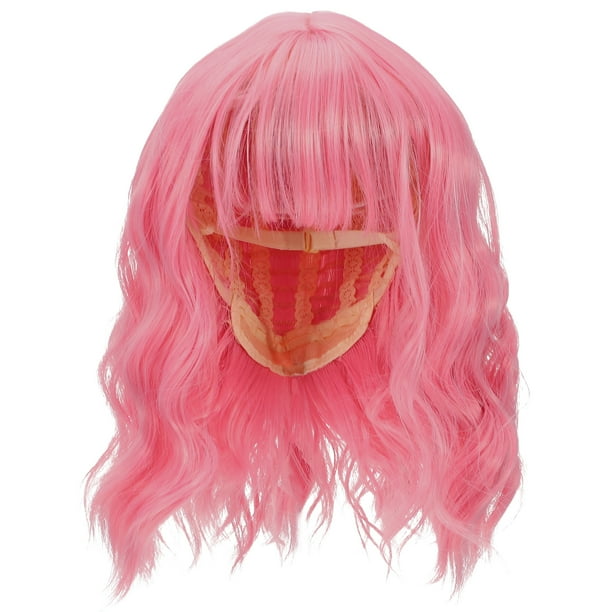 BRIGHTFUFU Peluca de pelo corto Peluca rosa corta Peluca rizada Peluca rosa con flequillo Peluca rizada Peluca rosa pastel Peluca hasta los hombros Peluca ondulada para mujeres