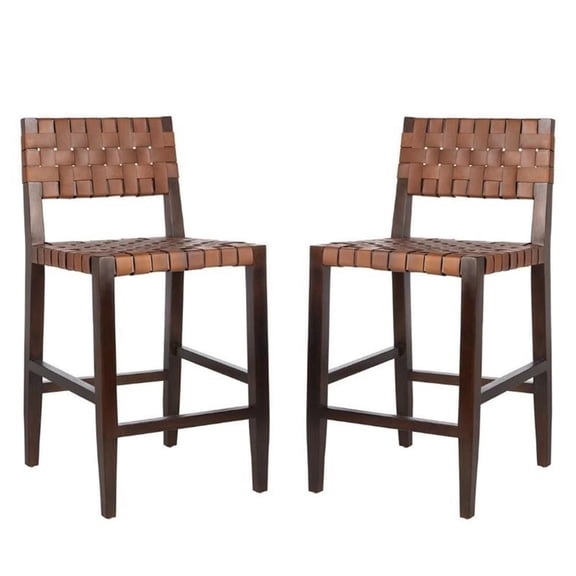 Home Square 2 Piece Leather Counter Stool Set in Cognac and Walnut