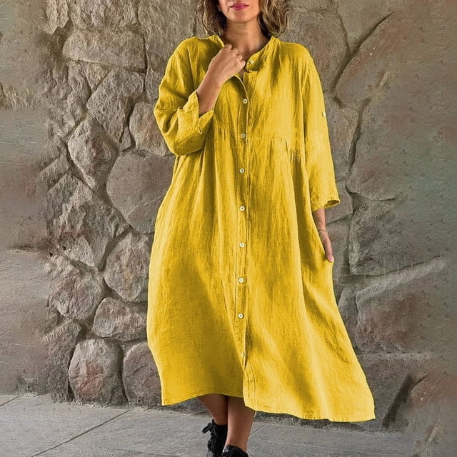 Gspmoly Robes d'Été pour Femmes, Mode Femmes Automne Uni Décontracté Col Rabattu Manches Longues Vacances Robe à Boutons Robes de Mariage pour Femmes Économies