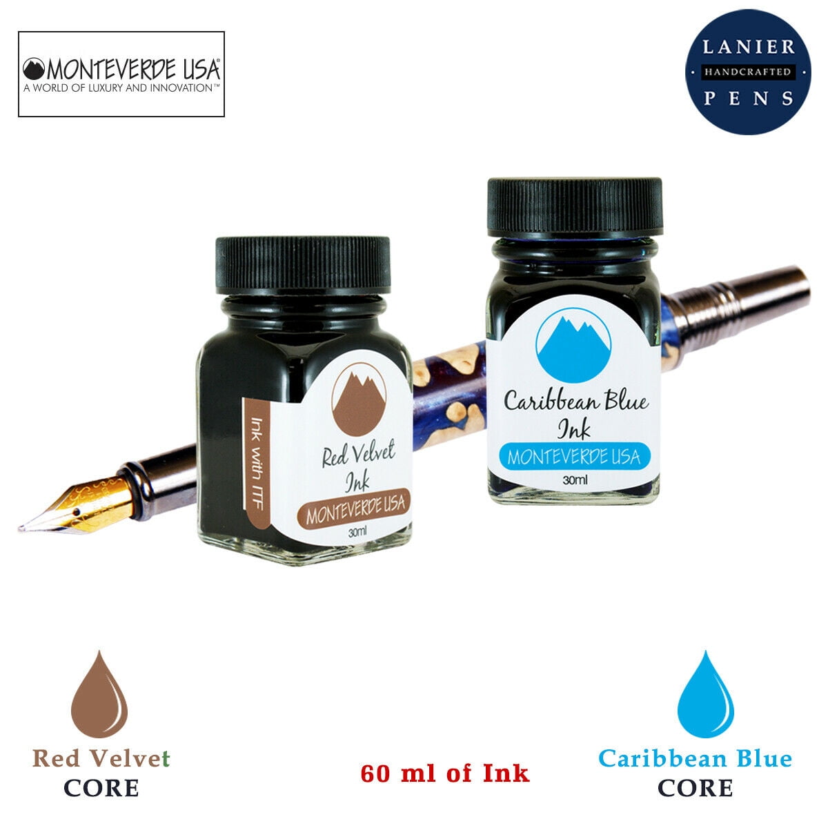Monteverde 60ml Core Fountain Pen Ink Bottle (30ml Red Velvet Ink Bottle G309RV, 30ml Caribbean Blue Ink Bottle G309CU)