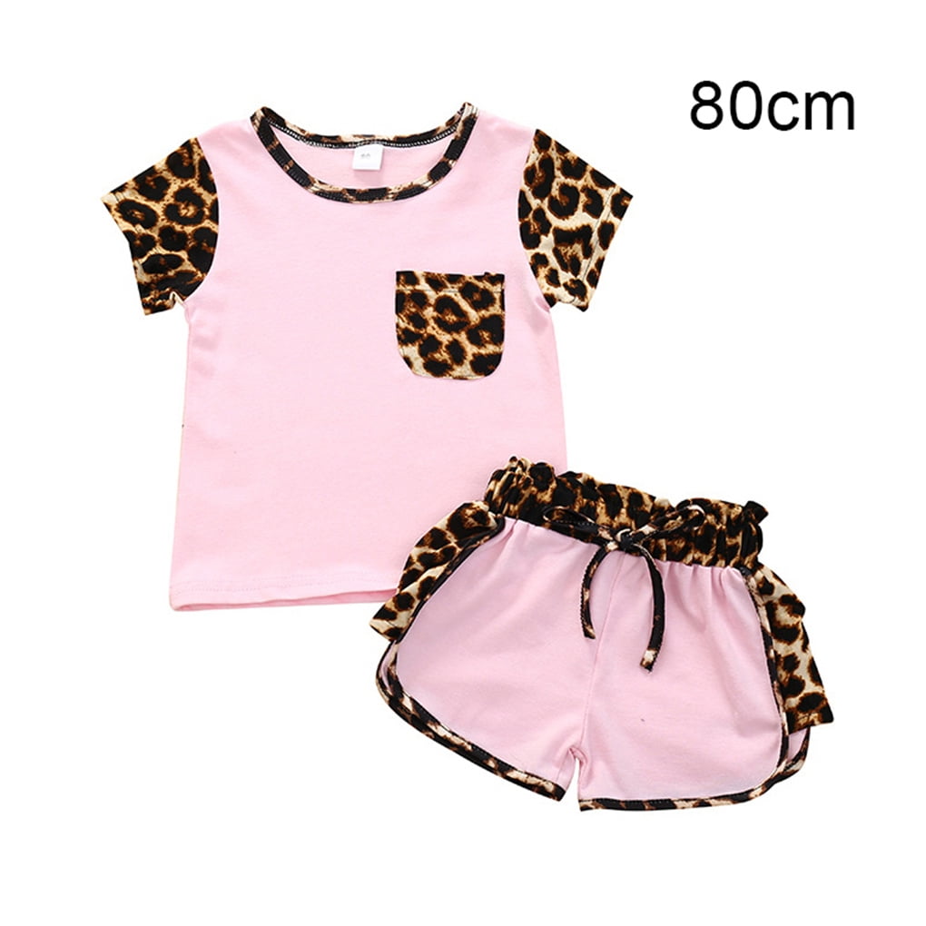 Toddler Infant Baby Girls Summer Outfits Leopard Print Short Sleeve Pocket T-Shirt Tops Pants Clothes Sets 