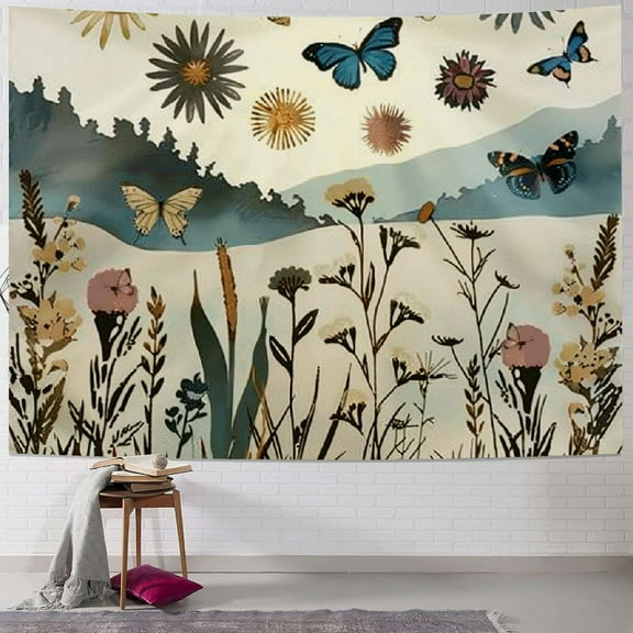 Creowell  Boho Tapestry King Size, Mid Century Modern Meadow with Mountains Butterfly Leaves on Creamy Back, Wall Hanging Bedspread Bed Cover Wall Decor 40x30inch