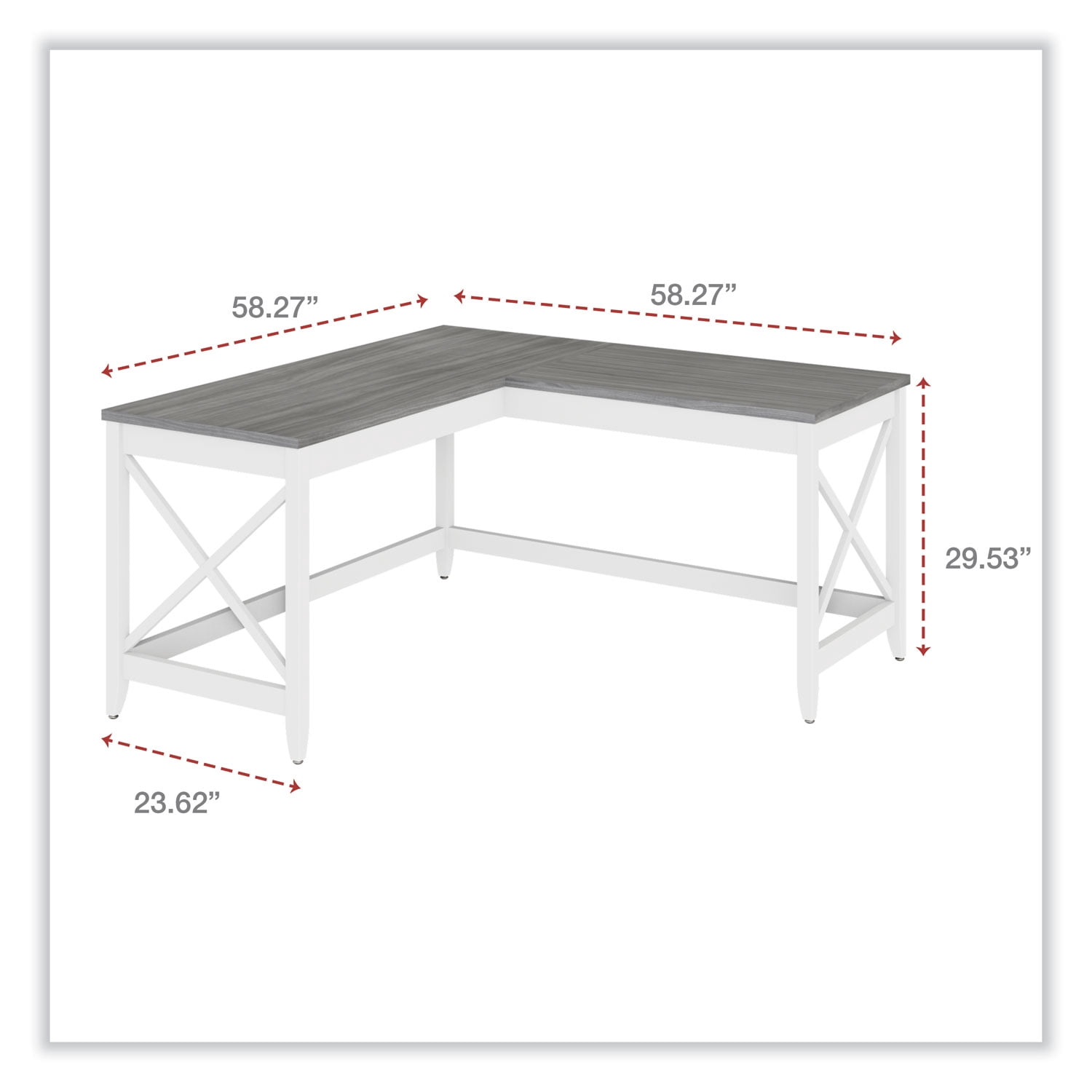Workspace by Alera L-Shaped Farmhouse Desk, 58.27 x 58.27 x 29.53, Gray/White