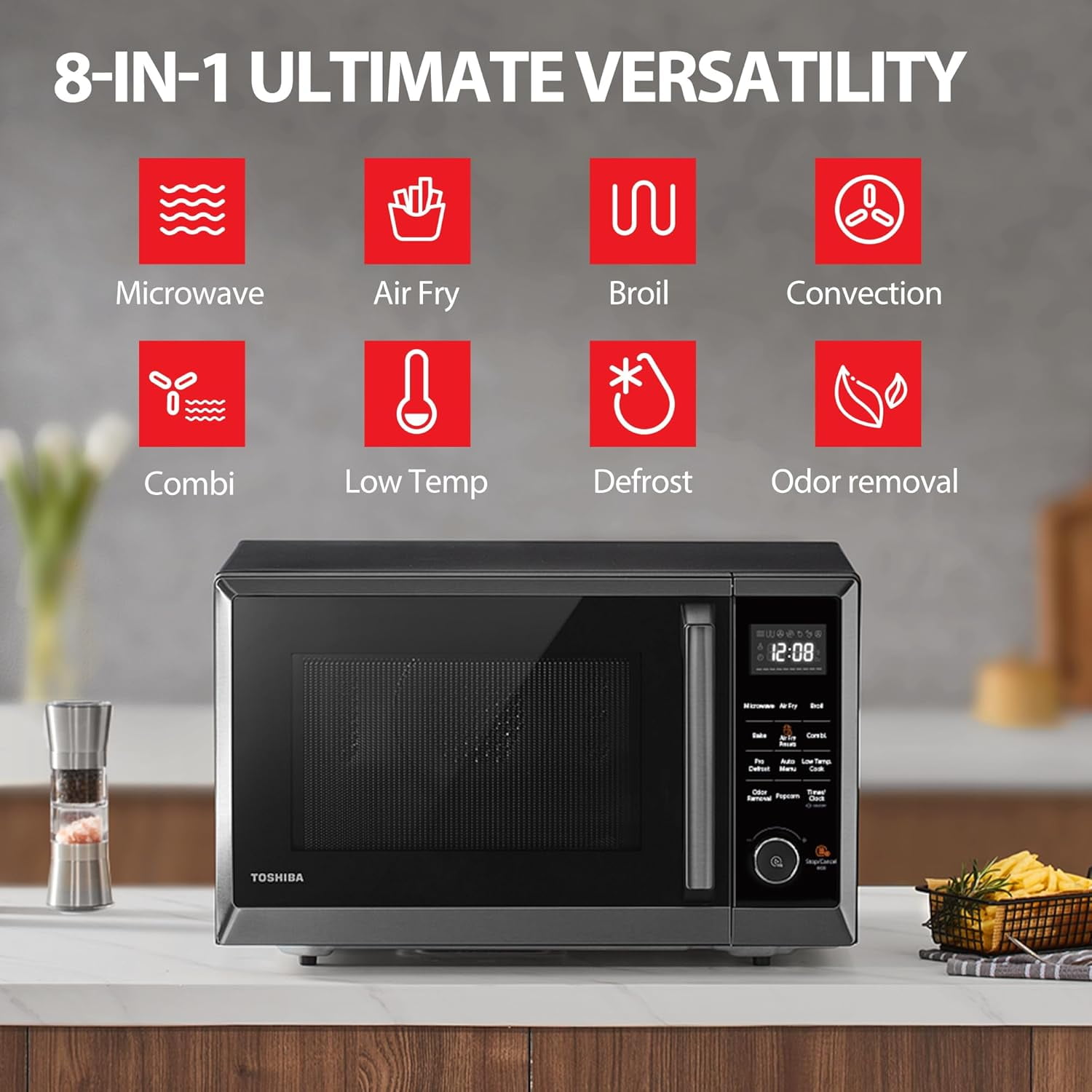 TOSHIBA 8-in-1 Countertop Microwave Oven with Air Fryer, Convection, Child-Lock, 1.0 Cu Ft, Black
