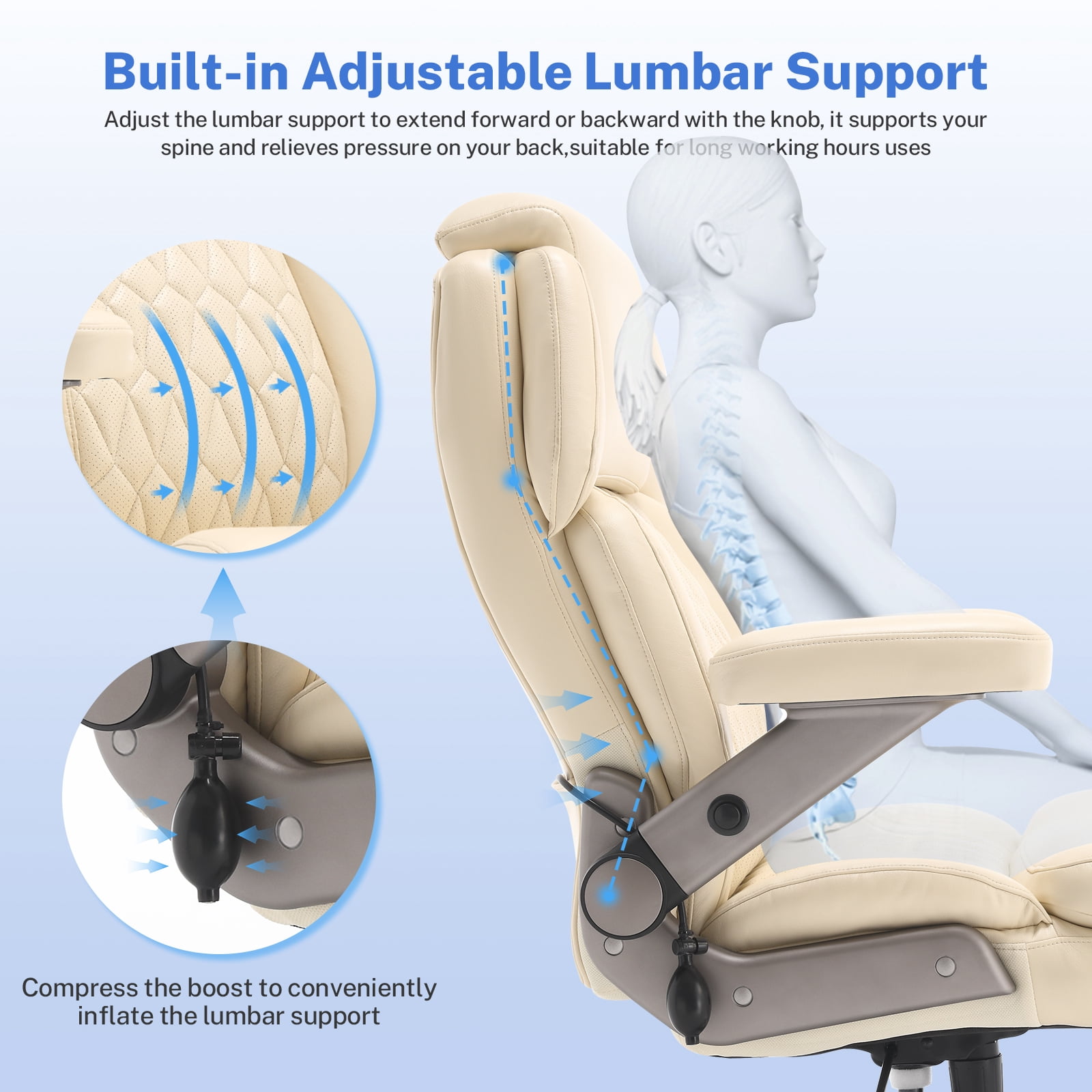WOSDOM 700lbs Big and Tall Office Chair, Heavy Duty Executive Chair, Extra Wide Seat, Adjustable Headrest and Lumbar Support, 3D Flip up Arms, Beige