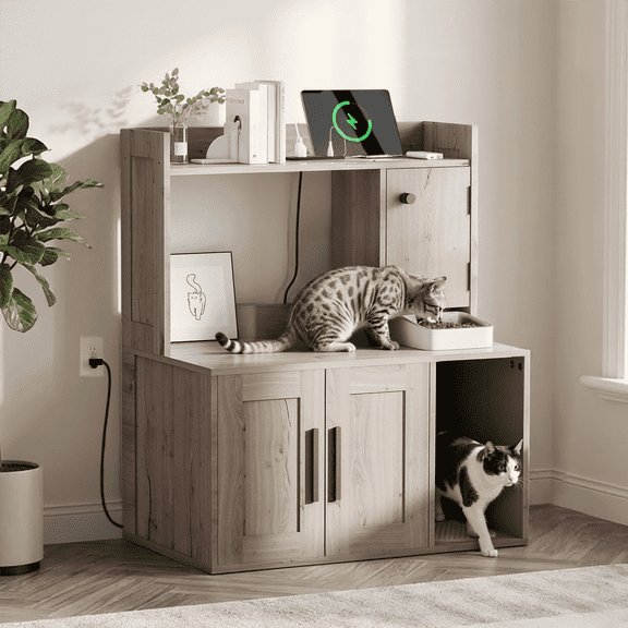 Laitimia Hidden Cat Litter Box Enclosure Cabinet with Power Strip, Shelves & Storage, Pet Feeding Station Furniture