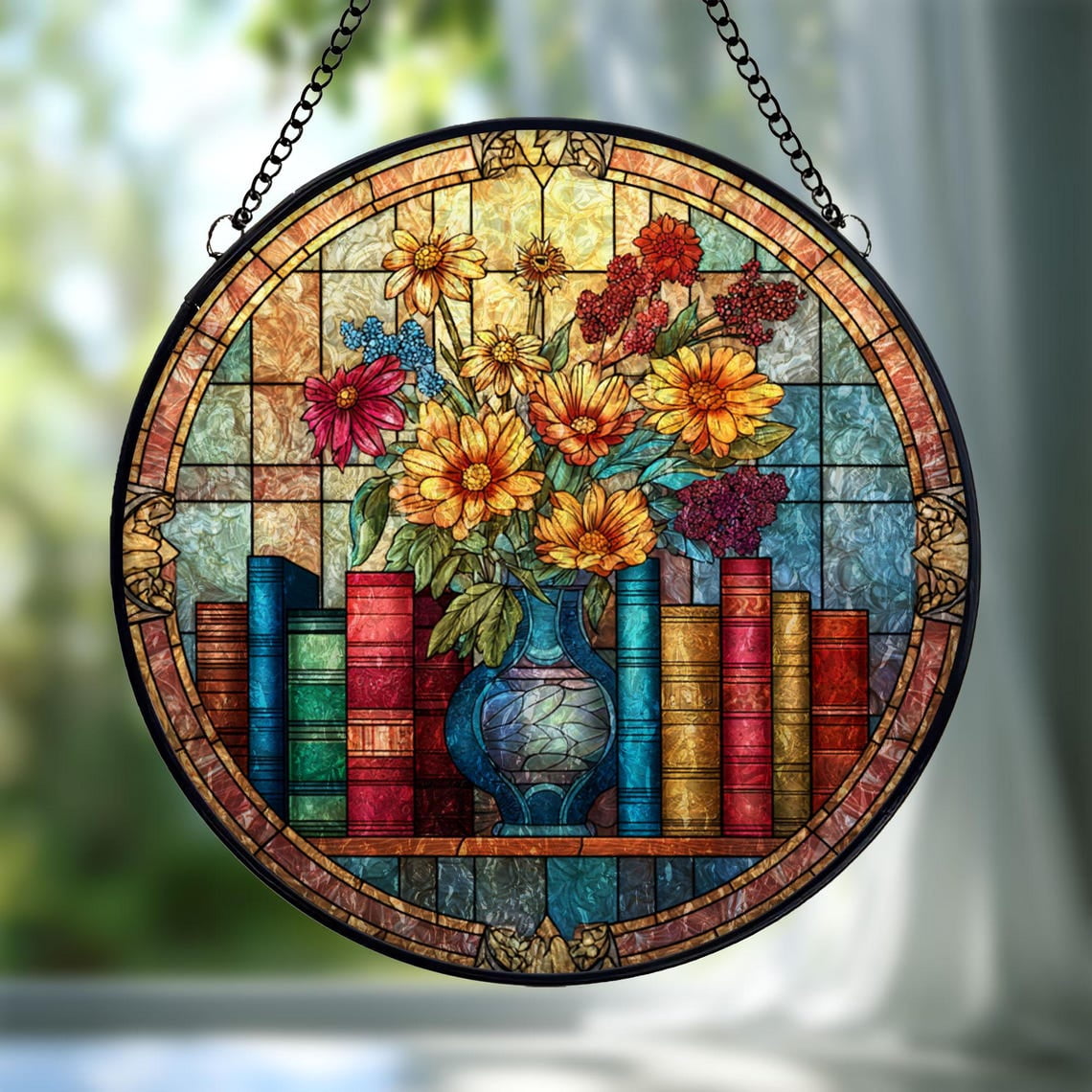 Books and Flowers Glass Suncatcher v9 Vintage Library Window Art Book Lover Home 3.5 in