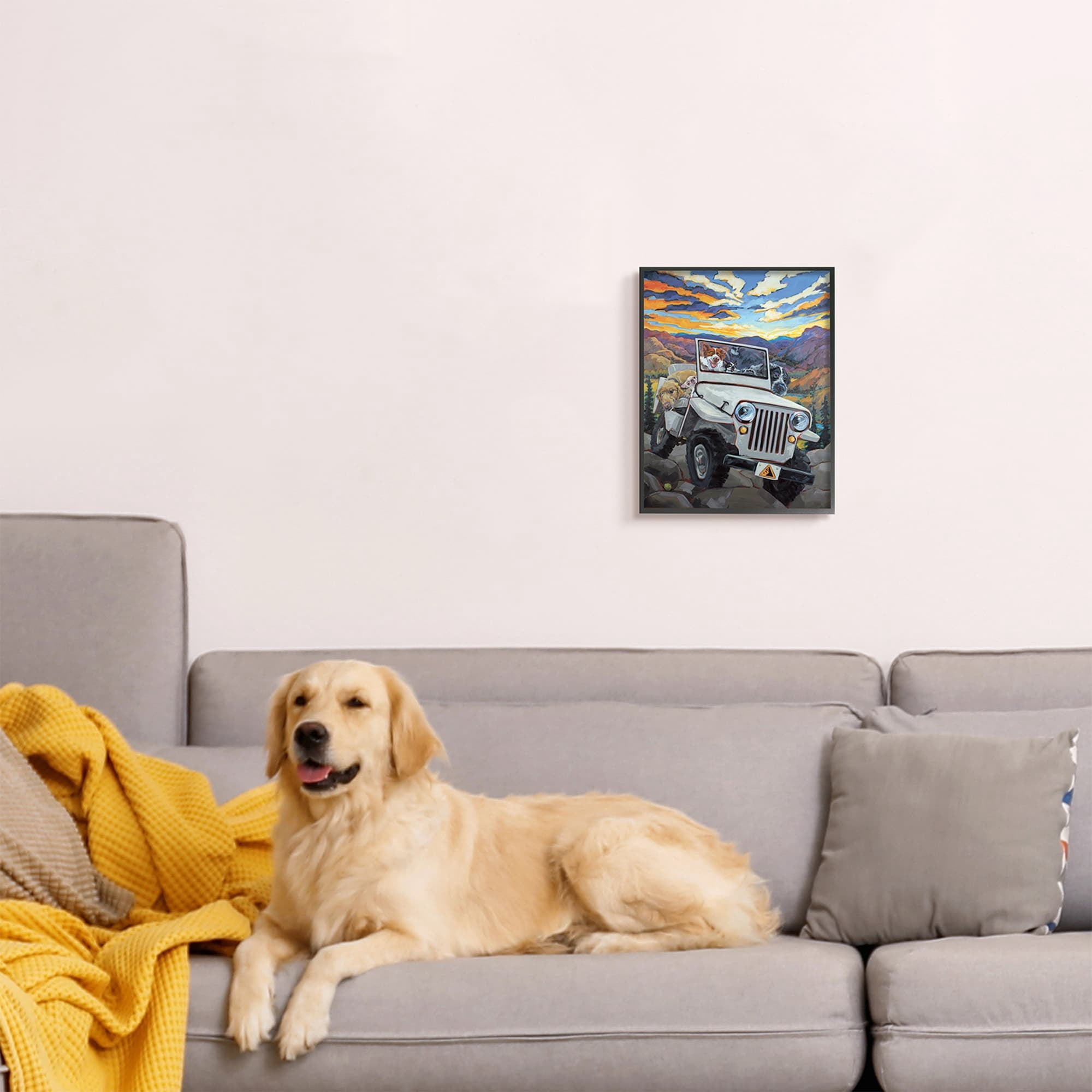 Stupell Industries Dogs Off-Roading Desert Drive Mountain Sunset Animals & Insects Painting Black Framed Art Print Wall Art, 24 x 30
