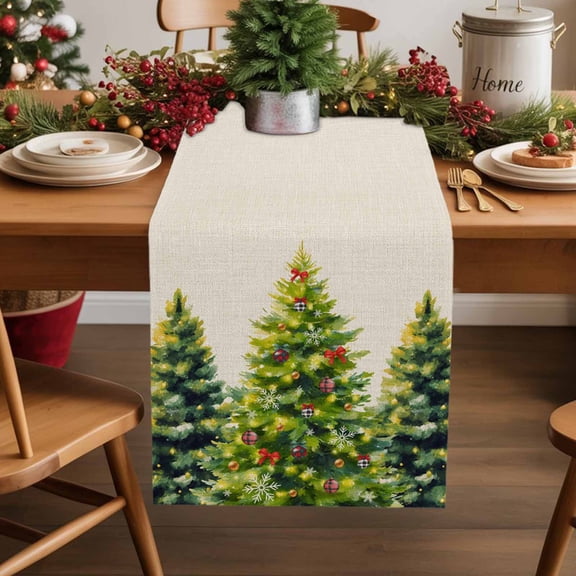 Christmas Tree Table Runner 13x70in Non-Slip Cotton Linen Table Runners, Green on Retro Beige Linen Dresser Scarves TableRunner for Dinner Kitchen Dining Wedding Party