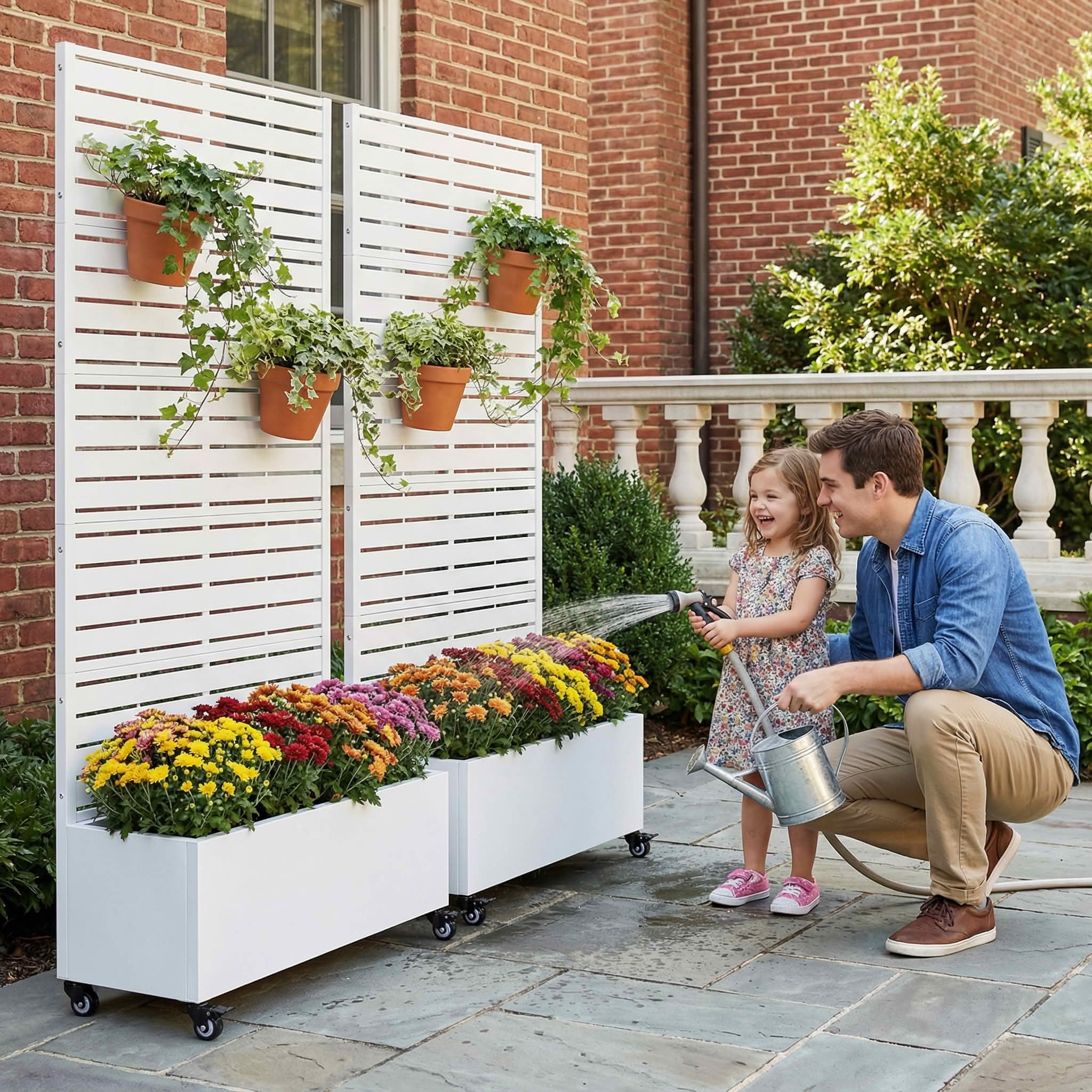 MAYEERTY 72x35 White Double-sided Rectangular Iron Planter Box with Trellis, 5 Piece Set Decorative Garden Screen for Patio and Balcony