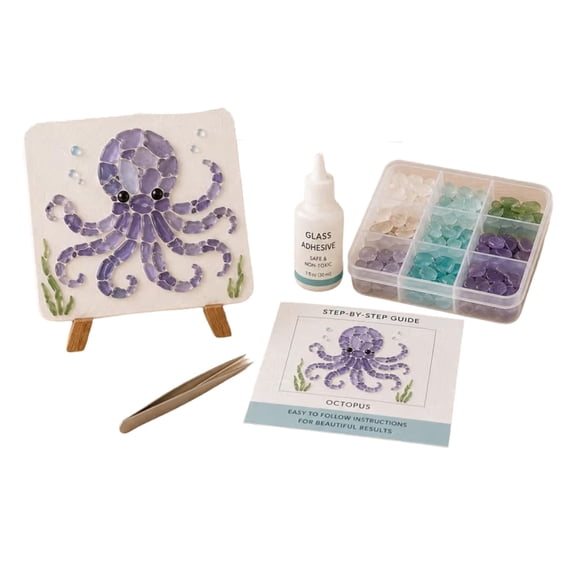 DIY Sea Glass Mosaic Art Kit, Ocean-Themed Seaglass Craft Kit with Colorful Glass Pieces, Coastal Mosaic Art for Adults & Beginners, Handmade Beach Decor, DIY Craft Gift for Ocean Lovers (Octopus)