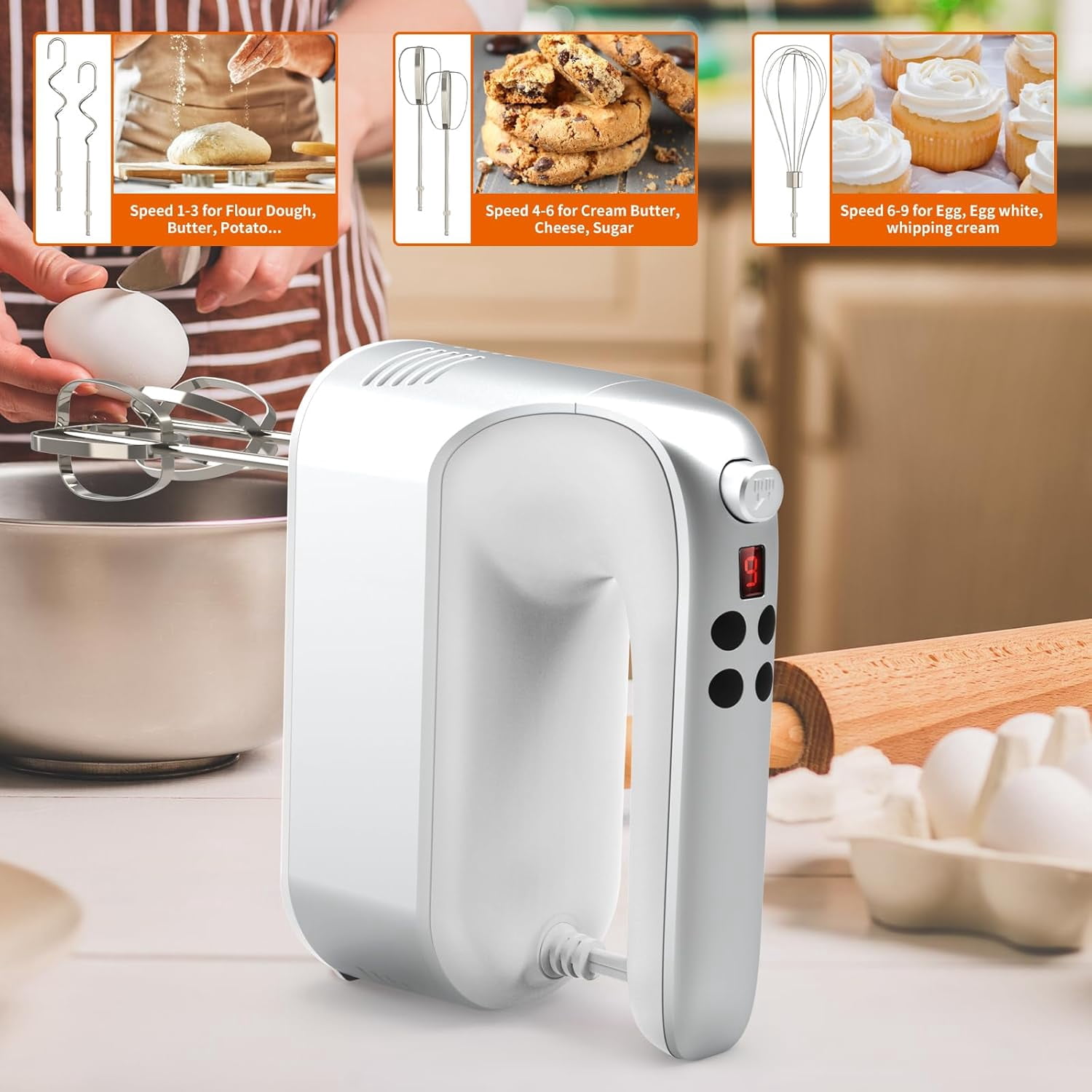 Electric Hand Mixer with Digital Display 9 Speeds 400W Quiet Motor for Baking