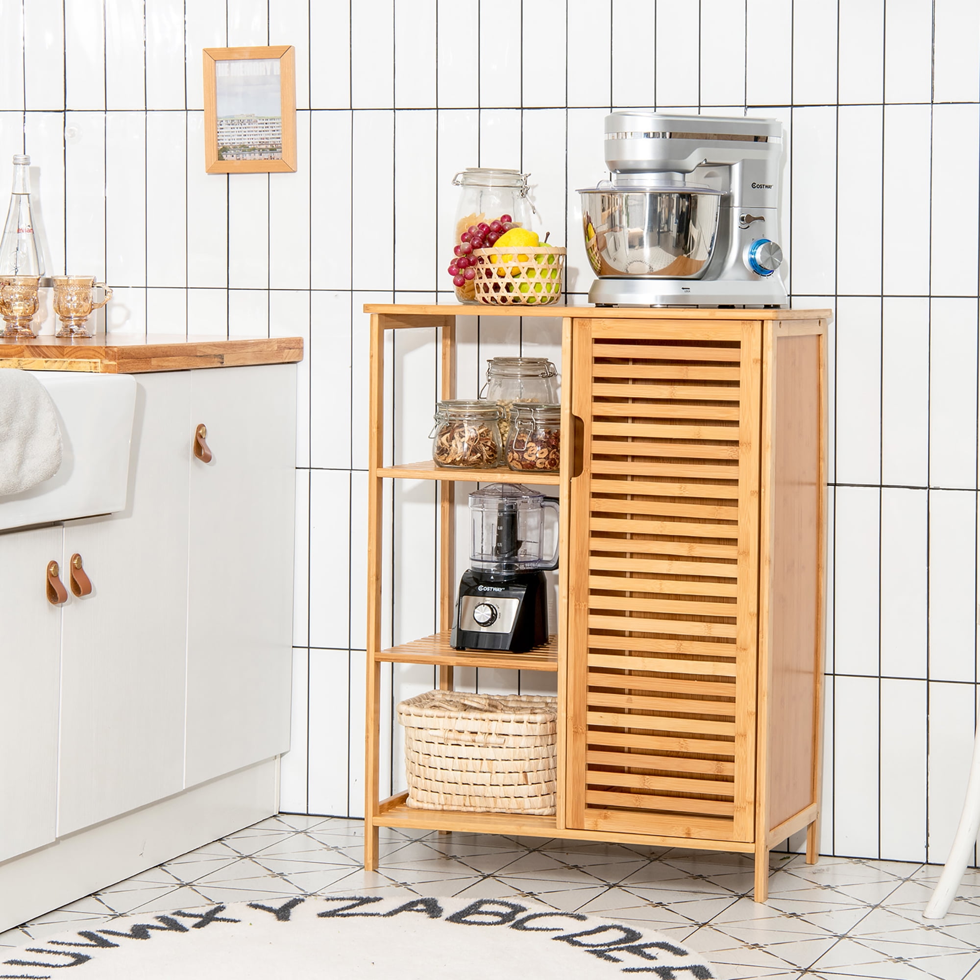 Costway Wooden Standing Restroom Bamboo Storage Cabinet with