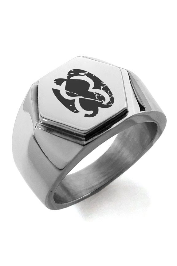 Stainless Steel Ancient Tribal Unity Rune Engraved Hexagon Crest Flat Top Biker Style Polished Ring