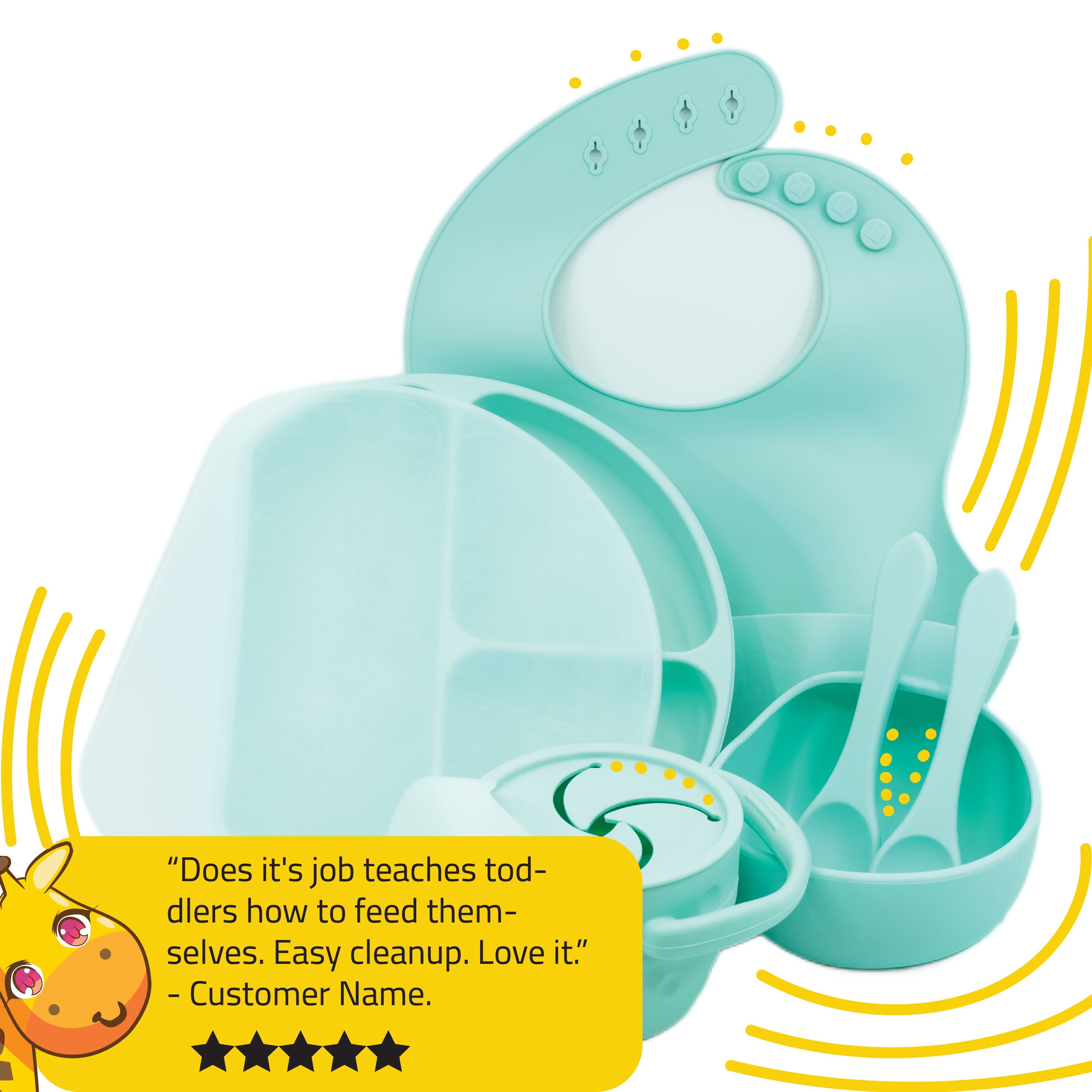 Muqee Peeko Minty Green Silicone Baby and Toddler Feeding Set - Plate Set with Utensils (6 Piece Set)