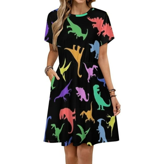Fun Dinosaur Pattern Short Sleeve Dress Women Summer Evening Dresses Ladies Sundress