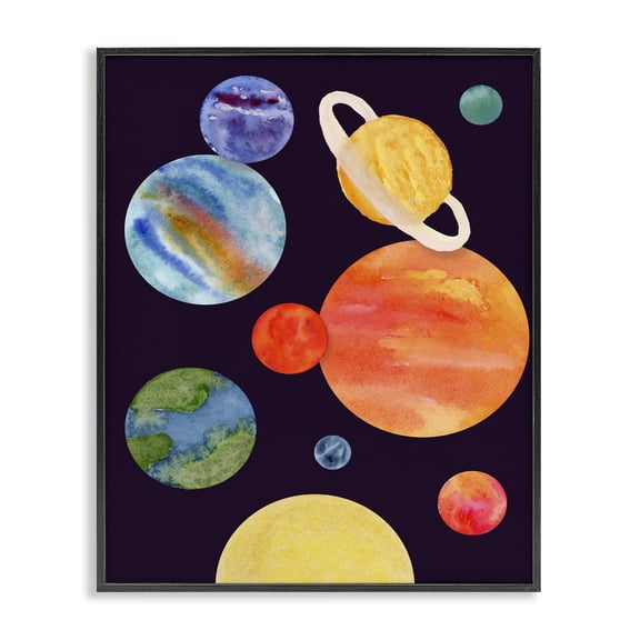 Stupell Industries Contemporary Watercolor Planets on Black Black Framed Giclee Art, 11 x 14, by Corinne Rose Designs