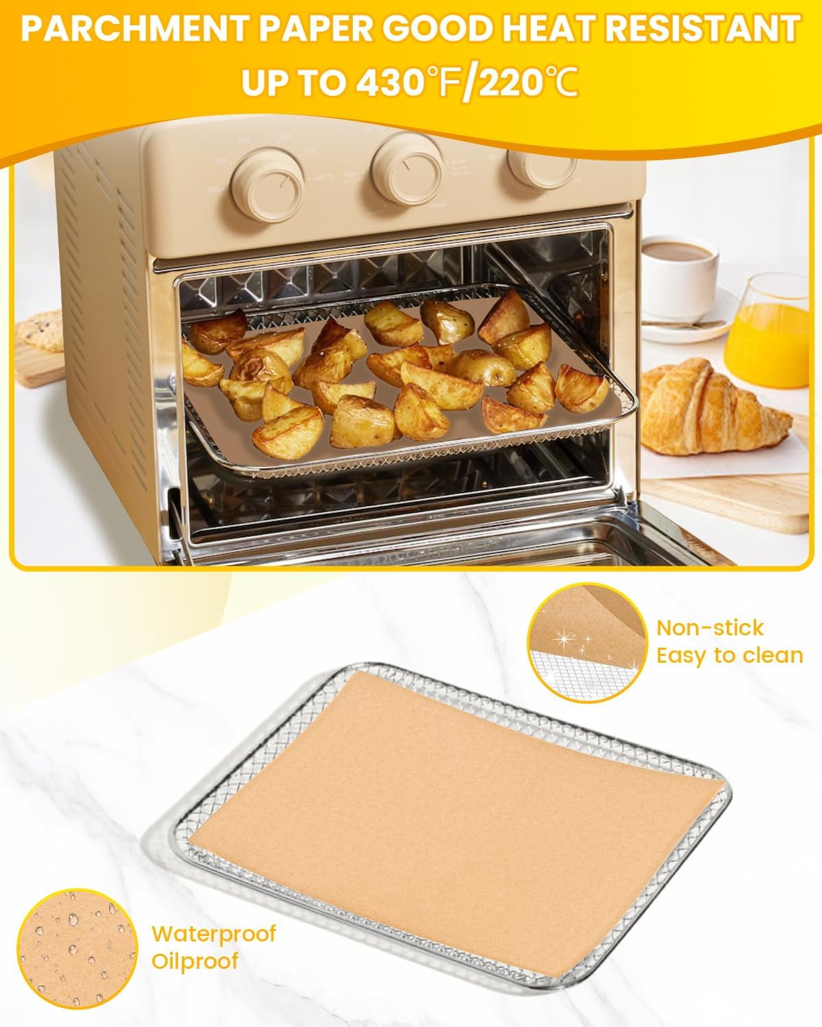 134PCS Air Fryer Liners Compatible with Our Place Wonder Oven 12.7 Quarts, 130PCs Parchment Paper Sheets for Air Frying Baking Roasting and 4PCs Non-Stick Teflon Baking Mats Toaster Oven Accessories