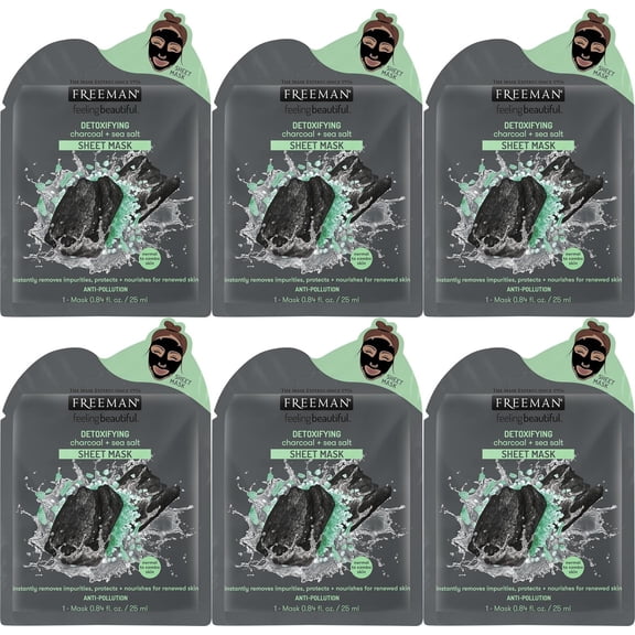 Freeman Feeling Beautiful Detoxifying Charcoal And Sea Salt Facial Sheet Mask, 0.84 Oz Pack of 6
