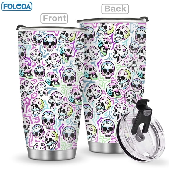 Foloda 1pc Awesome Skull Water Cup Perfect Gift for Women Men Gift On Hallowmas, Birthdays Coffee Mug Lid Car Cup Stainless Steel 20oz Keeps Hot and Cold Drinks at a Constant Temperature