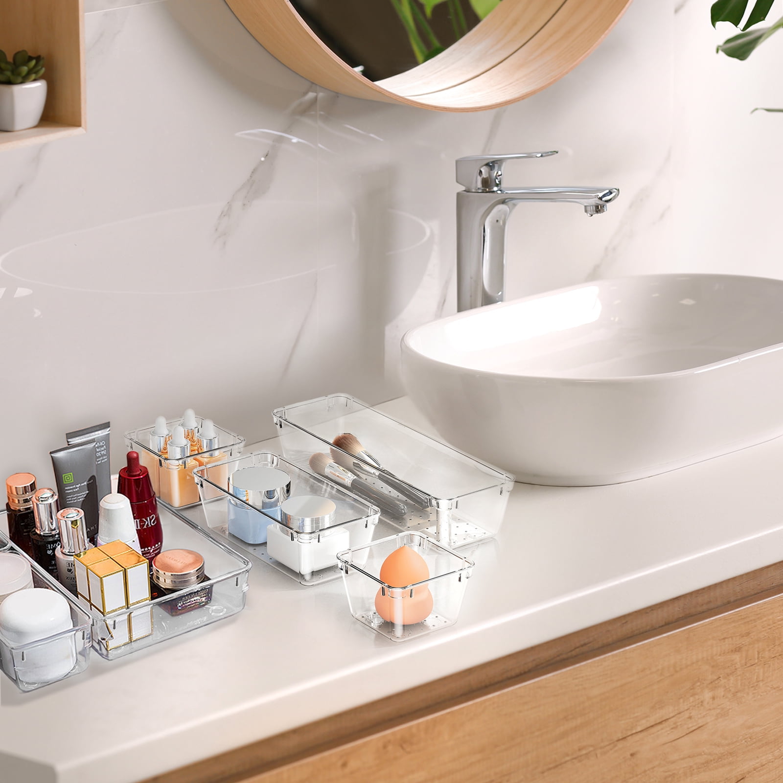 Lockways Drawer Organizer, 28Pcs Clear Plastic Makeup Drawer, 4 Sizes Vanity Organizer and Storage Bins for Makeup, Jewelry, Gadgets for Bathroom, Bedroom, Office