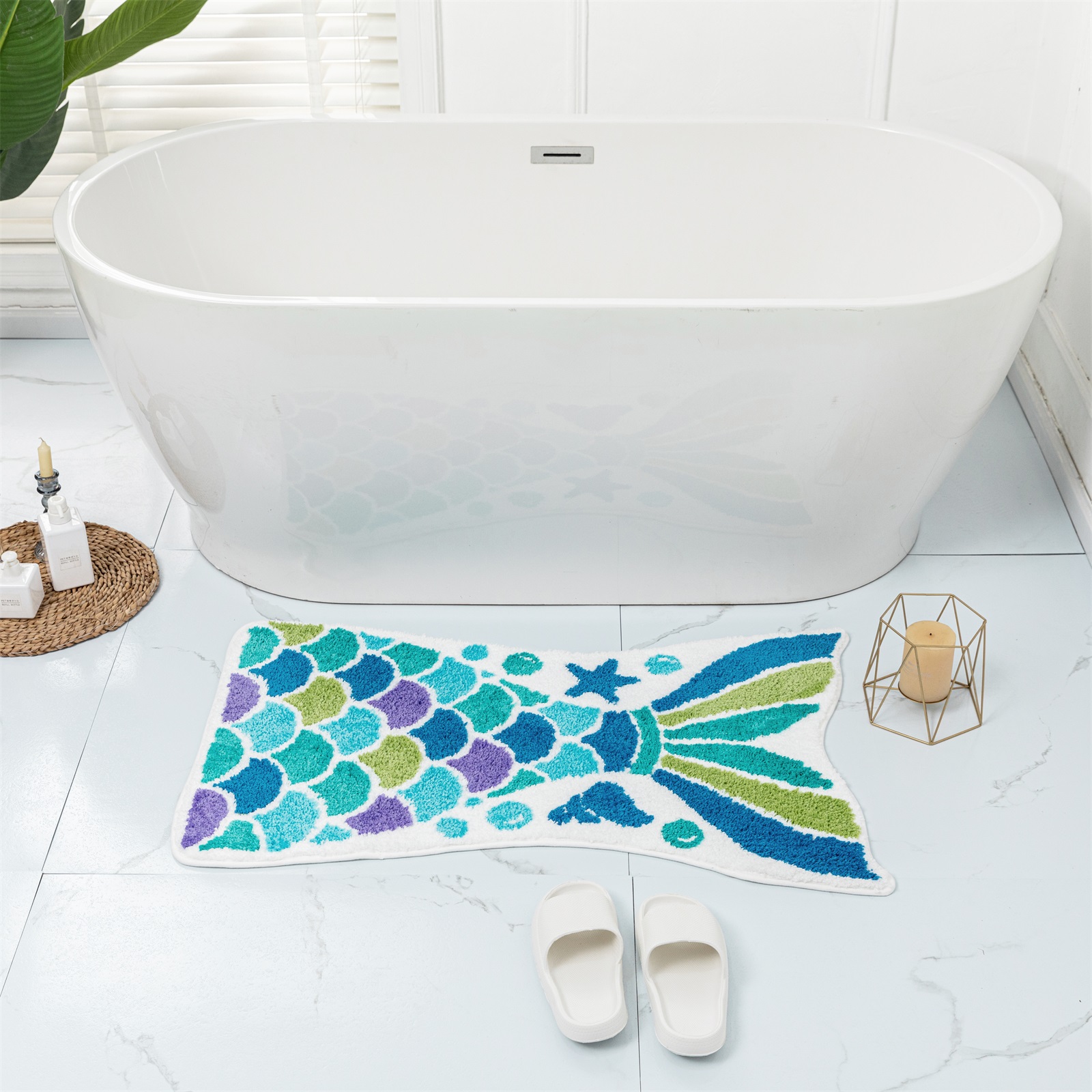 yingda1992 Mermaid Bath Mat Cute Blue Ocean Fish Scales Tail Shape Non-Slip Bathroom Rugs Absorbent Shower Bathtub Carpet 39.4x23.6in