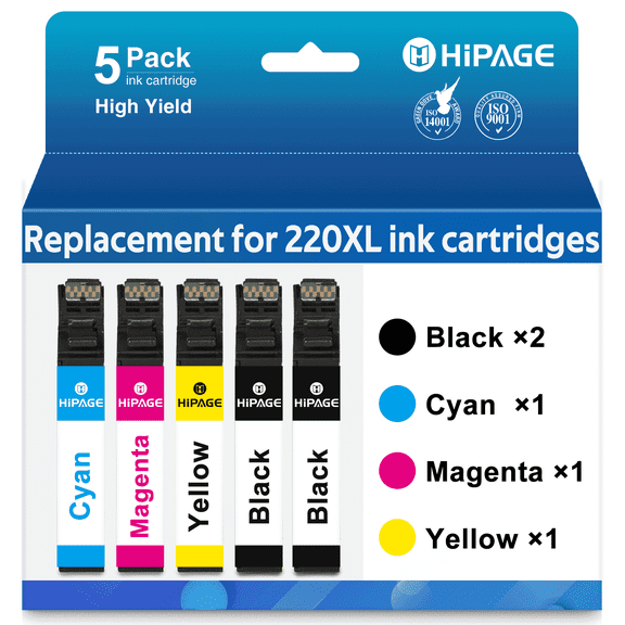 HIPAGE 220XL Ink Cartridges Compatible with Epson 220 Ink for Epson Ink 220 for WF-2750 WF-2650 Printer (Black Cyan Magenta Yellow, 5-Pack)