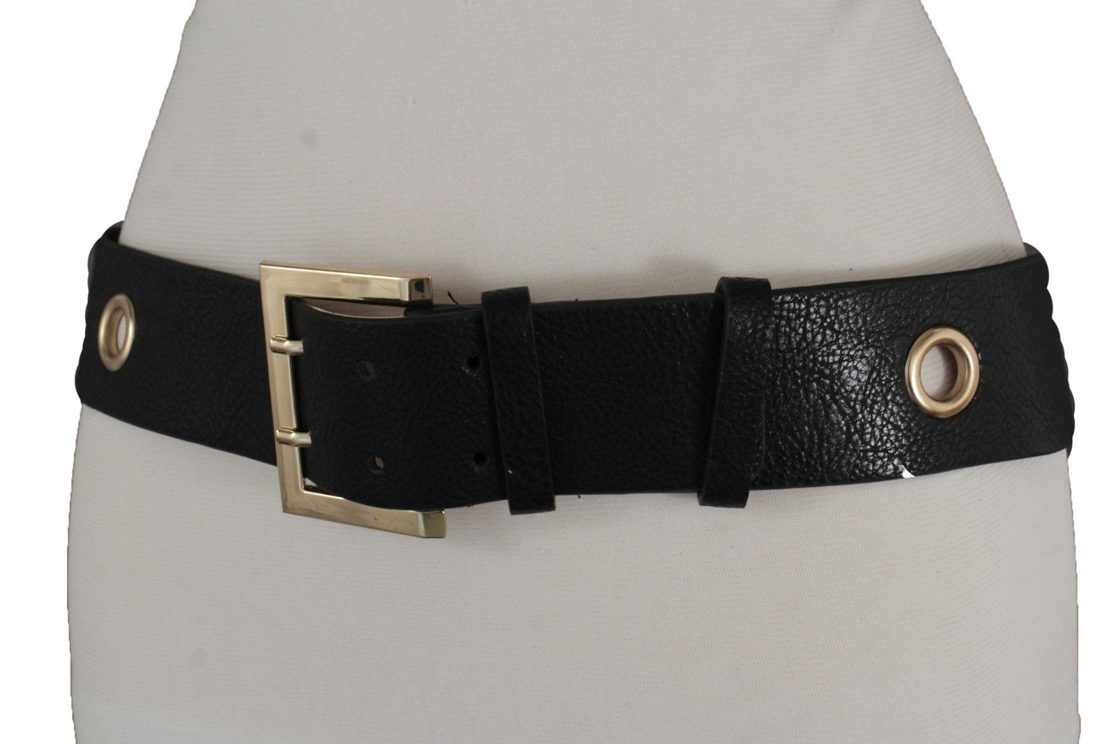 Black Faux Leather Wide Belt Square Gold Metal Buckle Classic Women