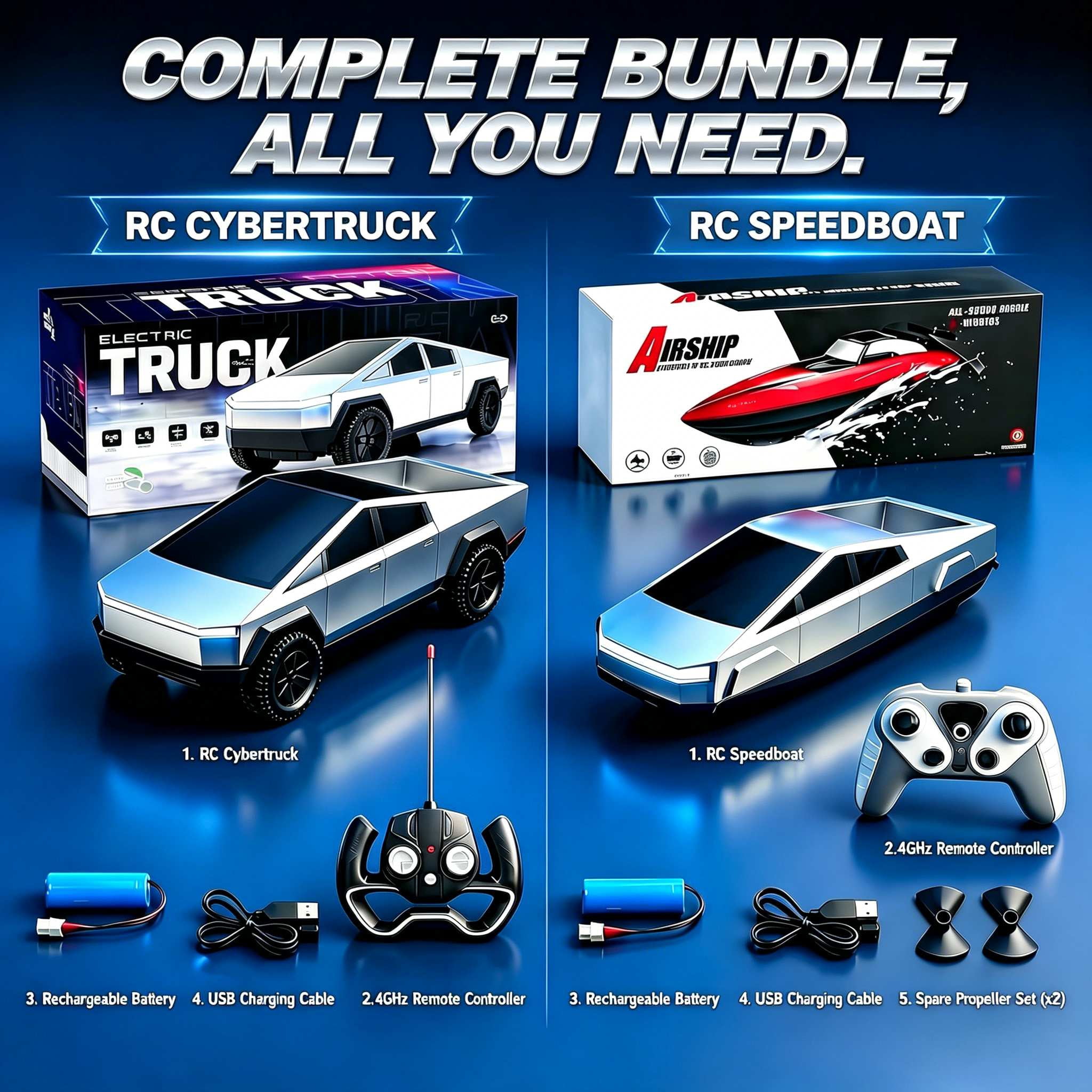 Cybertruck Remote Control Car and Boat Set, 2.4GHz High-Speed RC Watercraft and Truck with Rechargeable Batteries for Kids and Adults