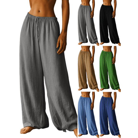 FengLS Summer Long Pants for Women Lightweight Breathable Wide-Leg Trousers Comfy Lounge Pajama Elastic Waist with Drawstring Pants