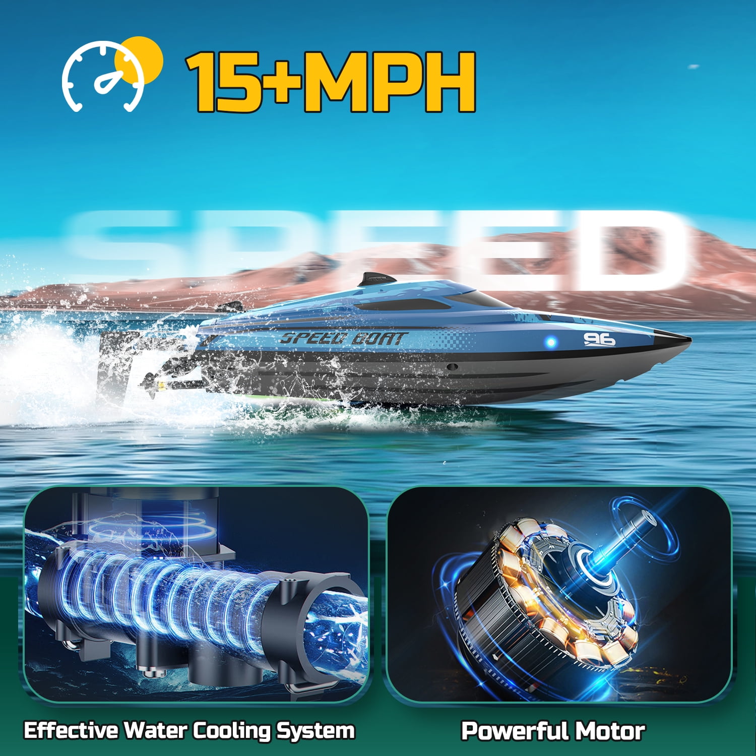 JoyStone Remote Control Boat with LED Lights, 20+ mph, 12 inch High-Speed RC Racing Boats for Pool & Lakes, Pool Toys for Kids & Adults, Blue