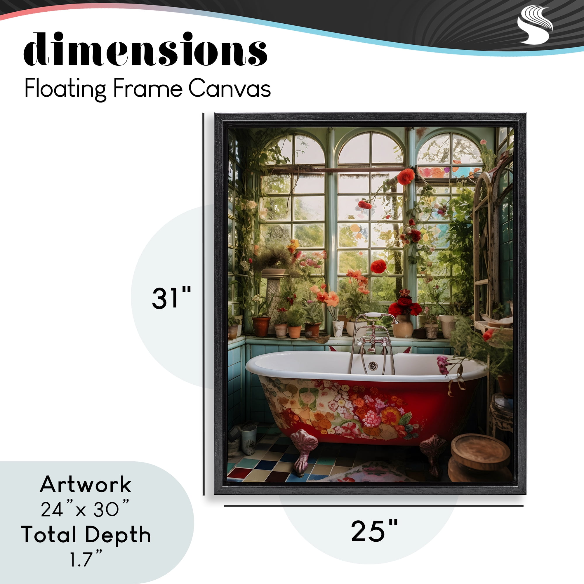 Floral Sunroom Tub Black Framed Floater Canvas Wall Art, design by Lettered and Lined