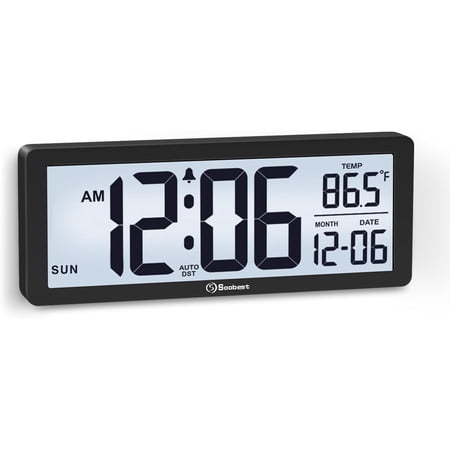 8.5 Inch Digital Wall Clock Battery Operated with Backlight, Temperature, Date, Day & Auto DST, Black Slim Design for Elderly, Bedroom, Living Room, Office