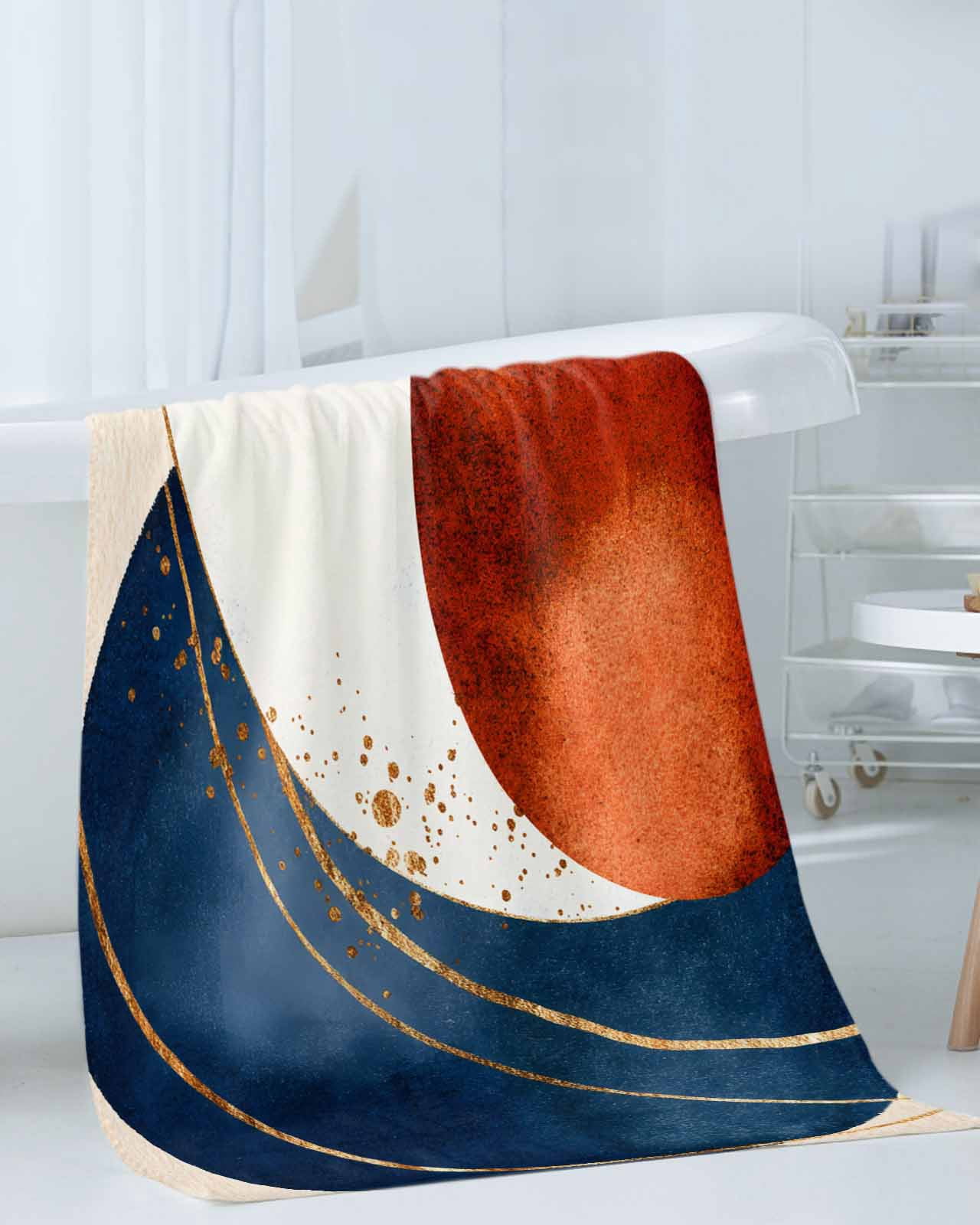 Navy Blue Burnt Orange Towel Set of 3, Soft Microfiber Bath Towels, Hand Towel, Washcloths, Modern Boho Art Geometric Quick-Dry Absorbent Towels for Bathroom Kitchen Hotel Beach Gym Spa