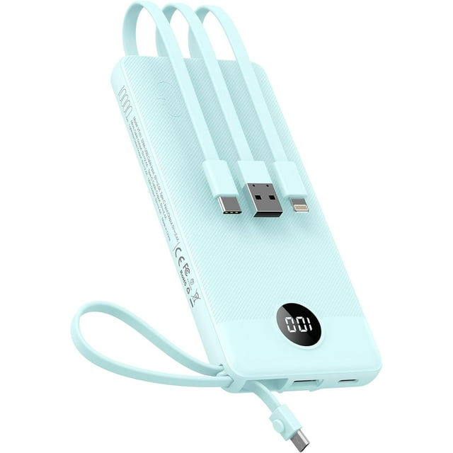 TEMOGU-Power Bank with Built-in Cables 10000mAh Portable Charger for iPhone Slim Fast Charge USB C Battery Pack Travel Essentials Powerbank Compatible with iPhone, Samsung, Android, etc
