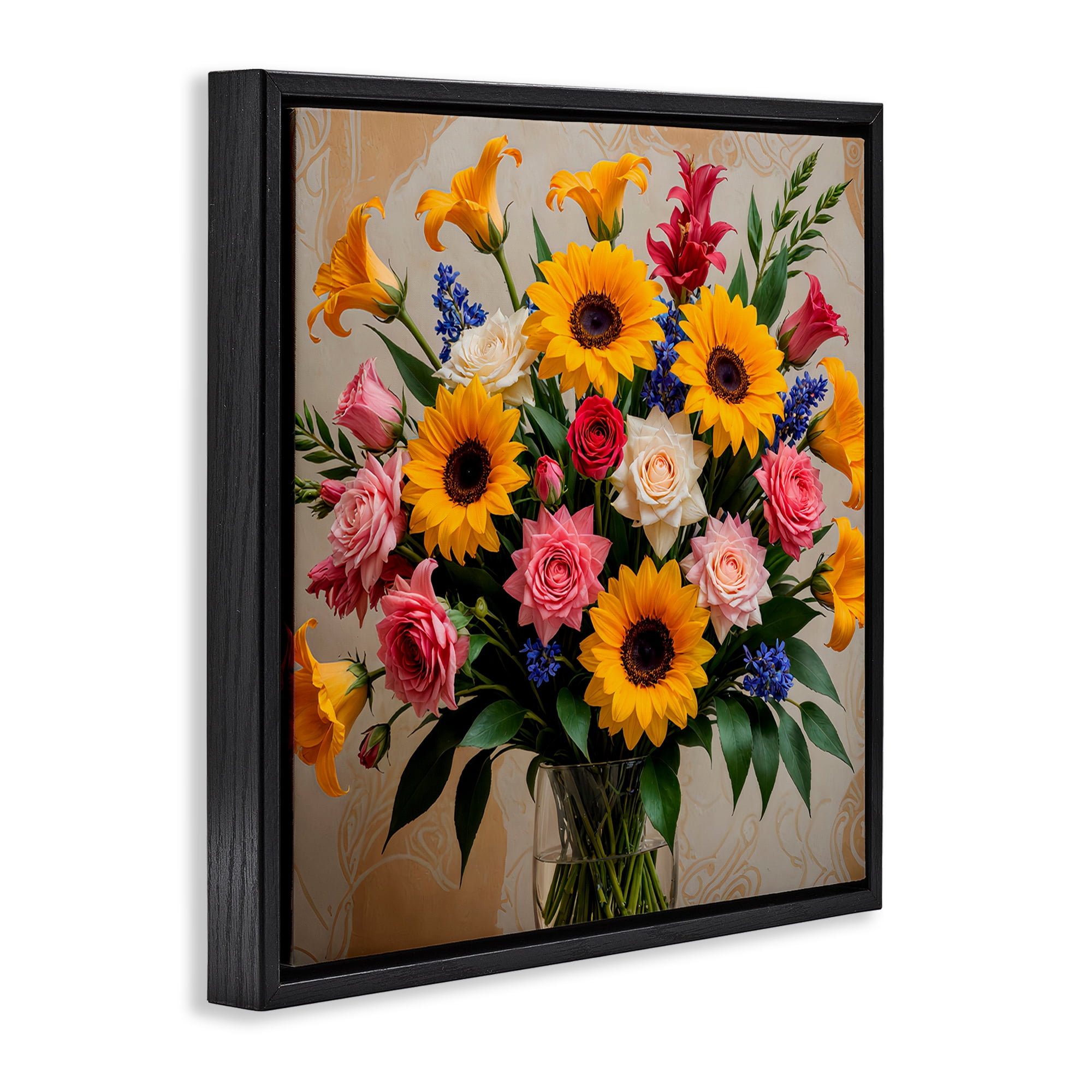 Stupell Industries Bold Sunflowers Mixed Bouquet Plants & Flowers Painting Black Floater Framed Canvas Art Print Wall Art, 25 x 25