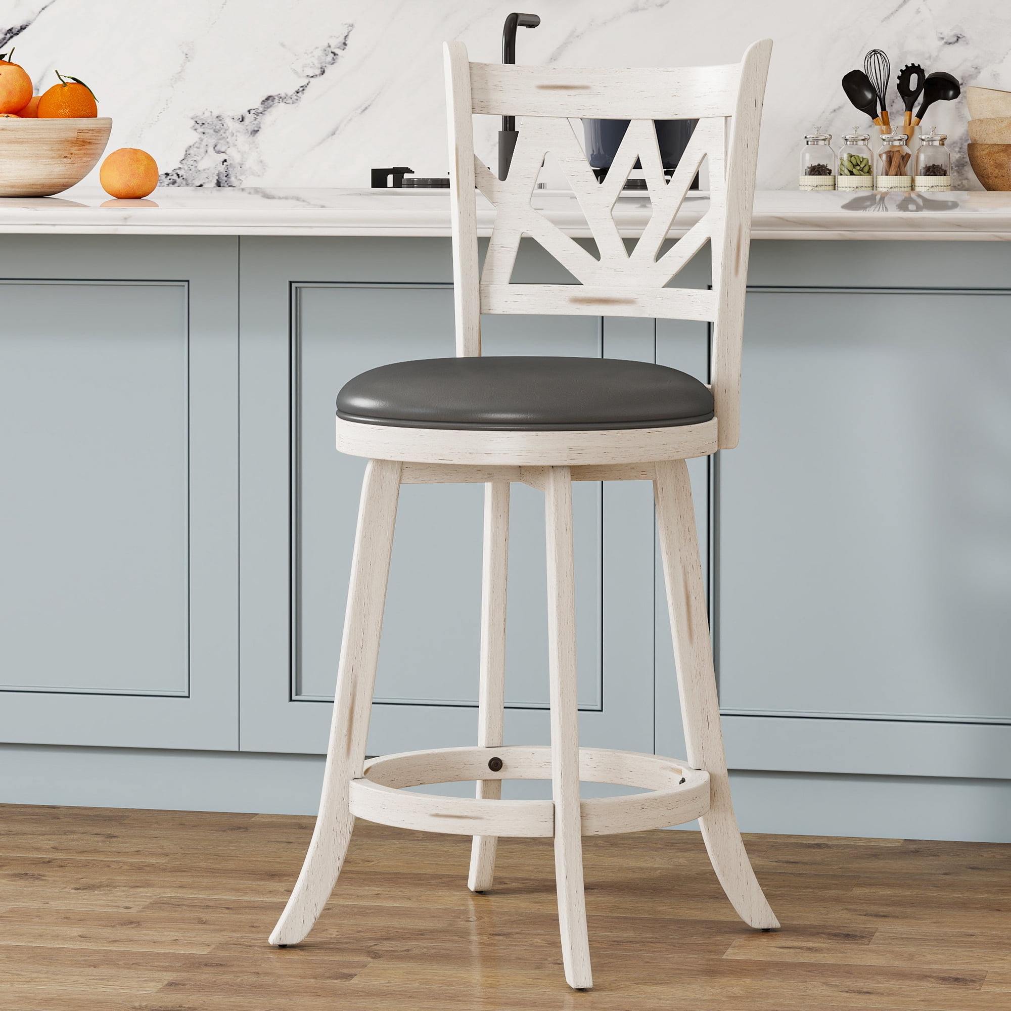 Joywind Farmhouse Swivel Bar Stools Set of 2, 24" Carved Lotus Barstools, Faux Leather Upholstered Counter Chairs with Solid Footrest & Wood Legs, Antique White