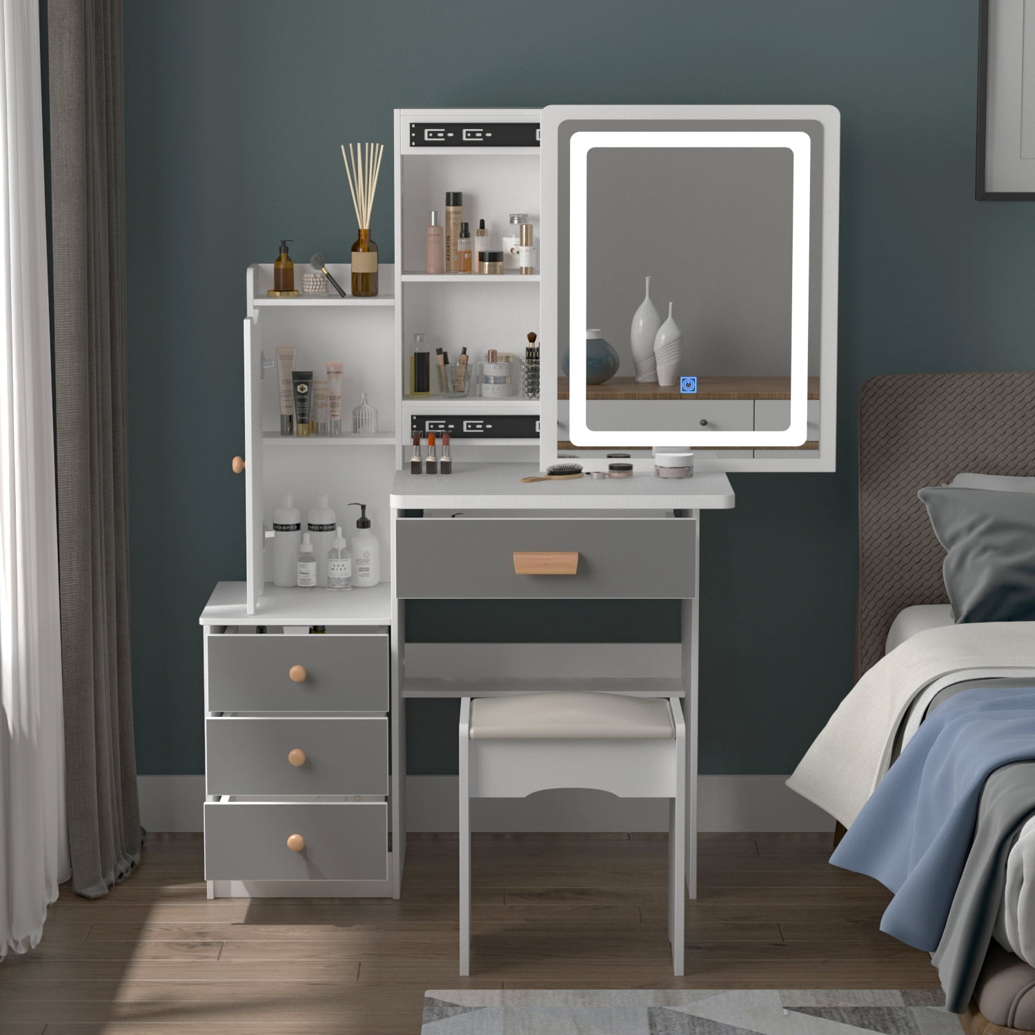 Hitow Vanity Table Set with Sliding Lighted Mirror, Makeup Organizer