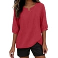thumbnail image 6 of Sillenn Notch Neck Puff Bubble 3/4 Sleeve Cotton Linen Blouse for Women Loose Fit Dressy Casual Muslin Shirt Lightweight Breathable Relaxed Fit Tunic Shirt Casual Summer Basic Linen Shirts Red S, 6 of 9