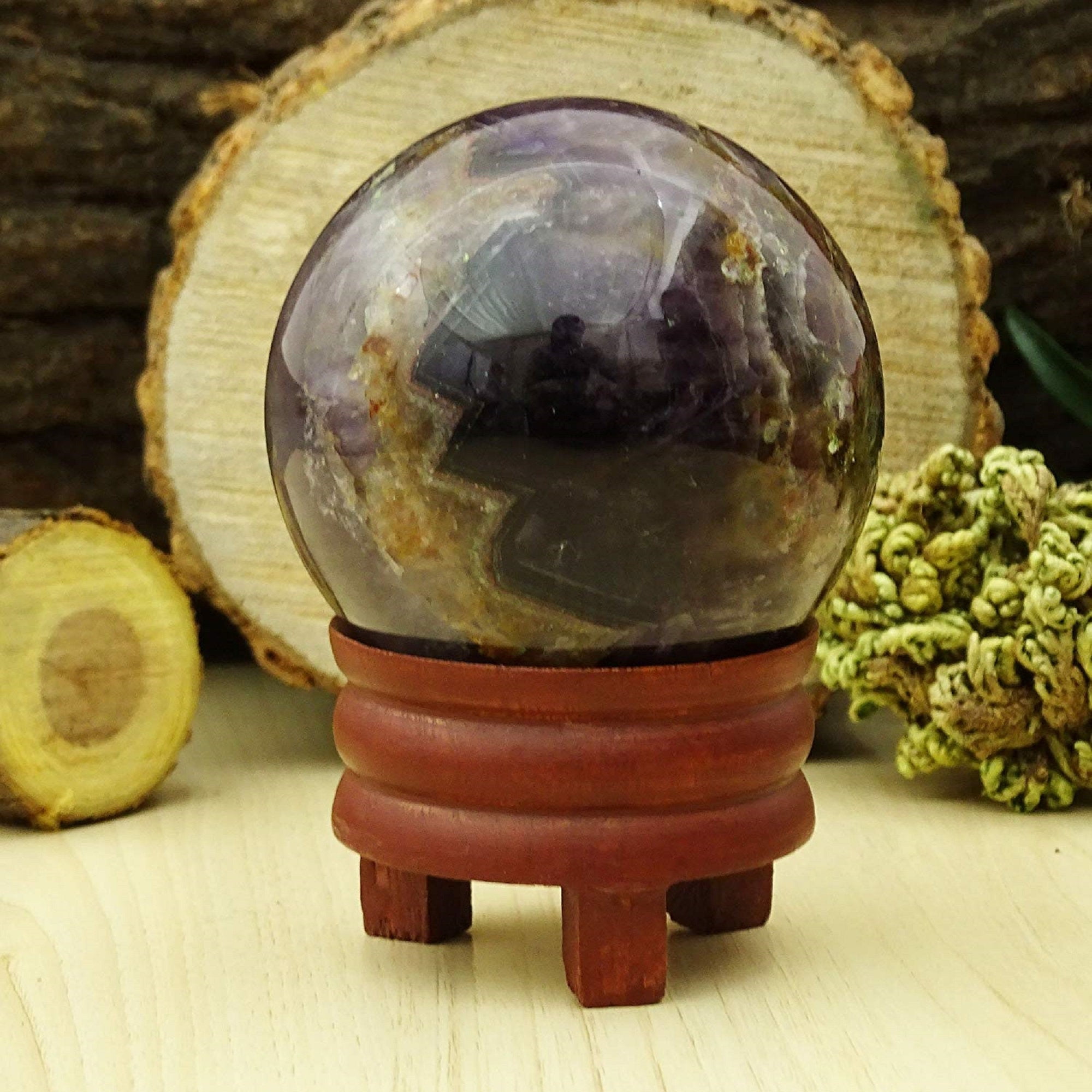 Reikiera Crystal Healing Amethyst Stone Ball Natural Gemstone Sphere with Ring Stand Reiki Table Decor- Choose Size