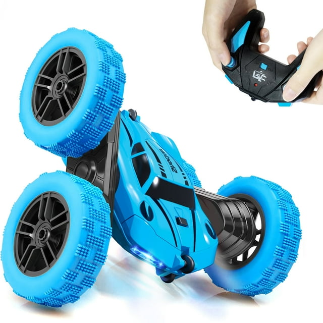 Hweilai Voiture Cascade Télécommandée 360°, Voiture RC 2.4 GHz, Double Face avec Télécommandes, Lumières de Roue, 4 Batteries, Voiture Tout-Terrain 4WD