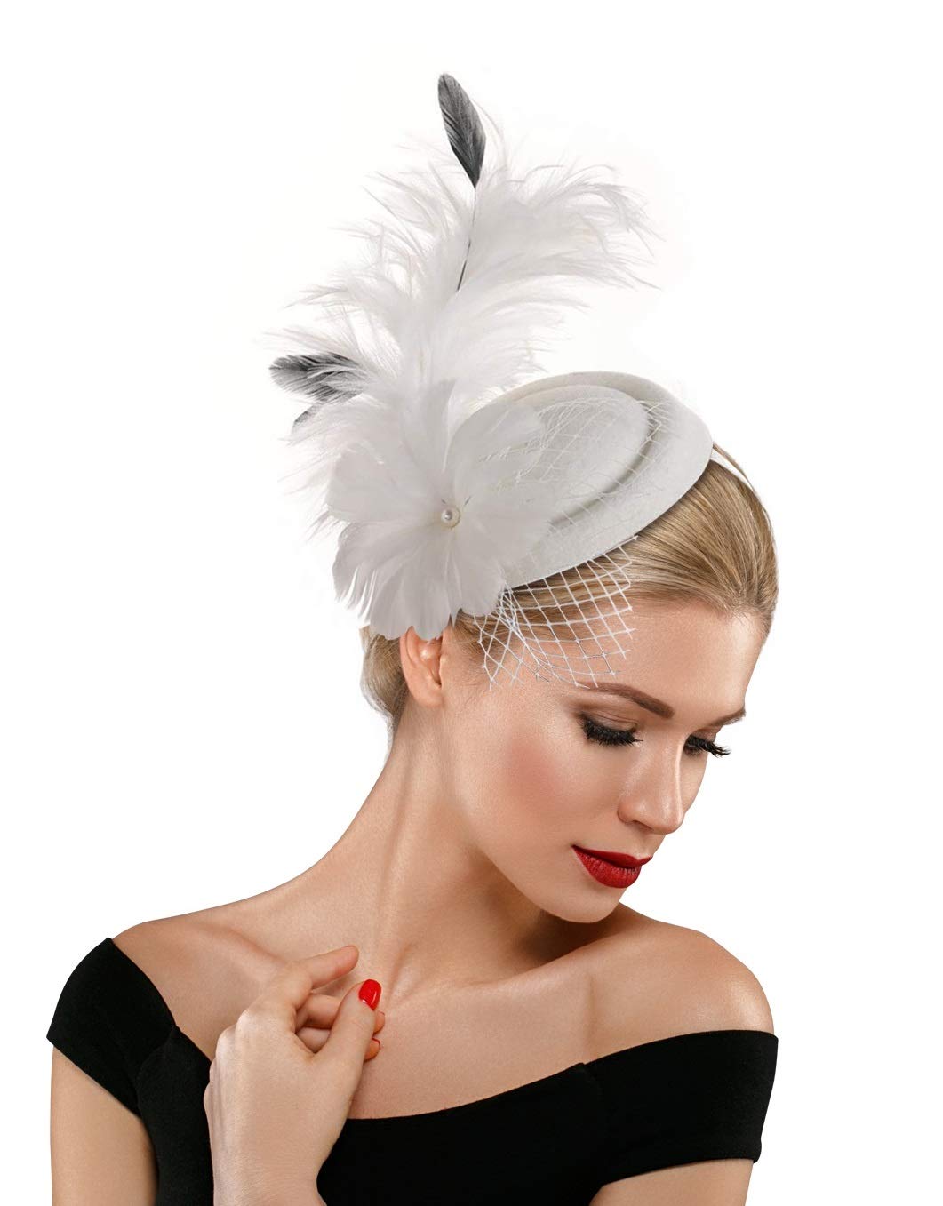 Short Lace Gloves and Round Imitation Pearl Necklace for Tea Party Wedding Costume Women Faux Feather Veil Fascinator Hat Halloween Vintage Pillbox Mesh Feathers Hair Clip Short Lace Gloves and Round Imitation Pearl Necklace for Tea Party Wedding Costume Women Faux Feather Veil Fascinator Hat Halloween Vintage Pillbox Mesh Feathers Hair Clip