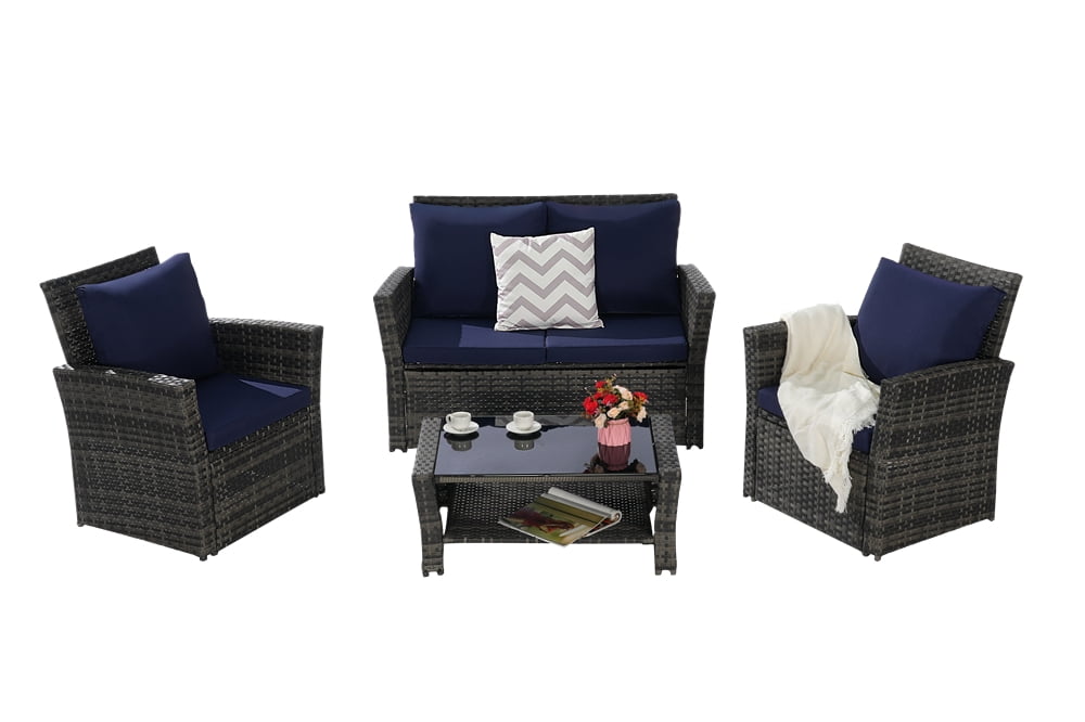 4 Pieces Patio Conversation Set, Outdoor Furniture Set with Cushion, Outside Sectional Rattan Wicker Sofa for Garden, Porch, Backyard, Blue