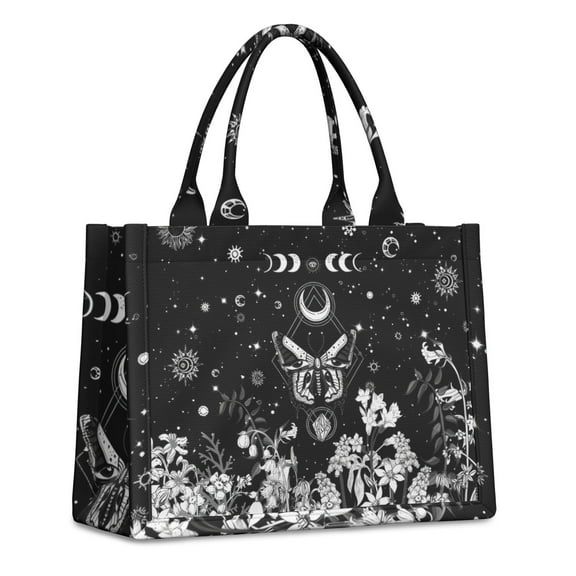 Large Capacity Tote Bag,Black Gothic Sun Moon Flower Pattern Handbag Fashion Luxury Tote Bag,15.7"x13"x 5.1" Inches,Laptop Compatible