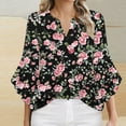 thumbnail image 2 of Black Floral Graphic Loose Fit Tee Shirts for Women Summer Fall Flounce 3/4 Length Bell Sleeve Vneck Brunch Pleated Tops Shirt Teen Girls 2025 Clothing Trendy XXL, 2 of 4