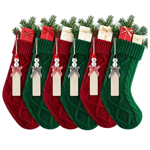 Personalized Christmas Stockings - 18 Inches Hanging Stockings with DIY Snowman Name Tags, 6 Pack Large Size Knitted Stockings for Mantels, Christmas Tree Family Holiday Decor, Red Green White