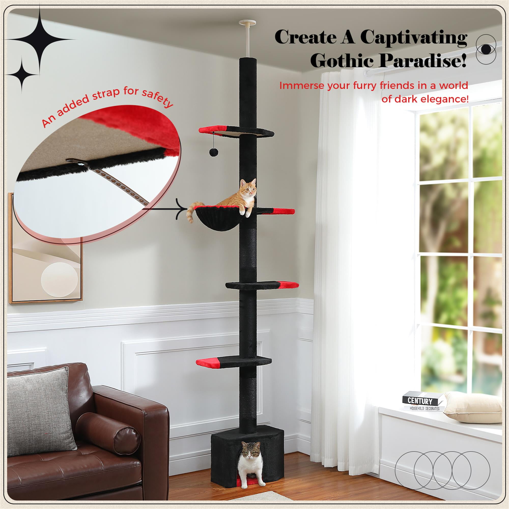 Kadyn Adjustable Height 86"-120" Gothic Cat Tree with Sisal Covered Scratching Post, Hammock, Floor to Ceiling Cat Tree Tower, Black